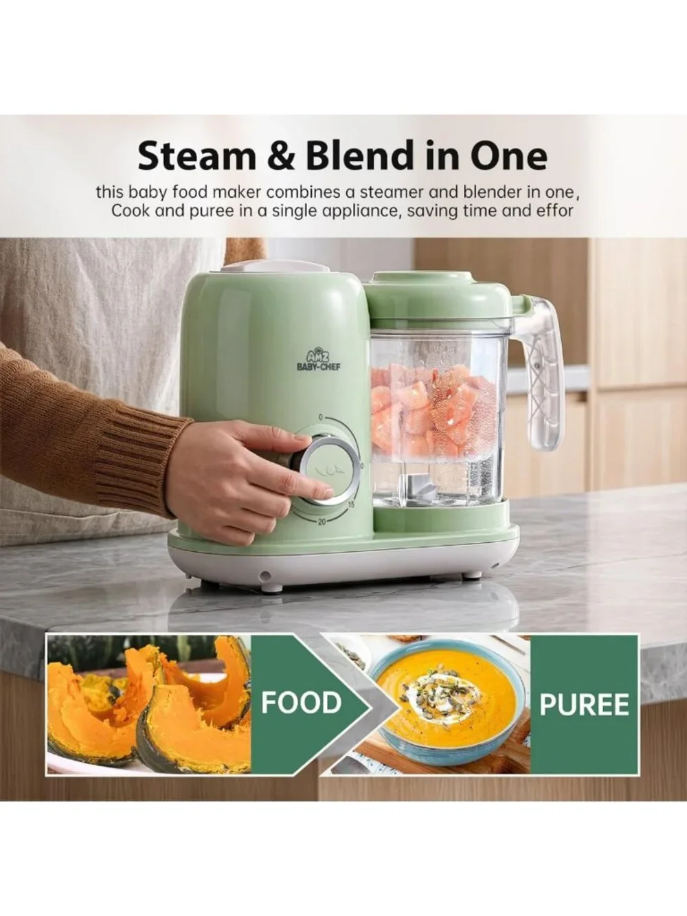 4-in-1 Baby Food Maker & Steamer, Puree Blender, Dishwasher Safe, Green